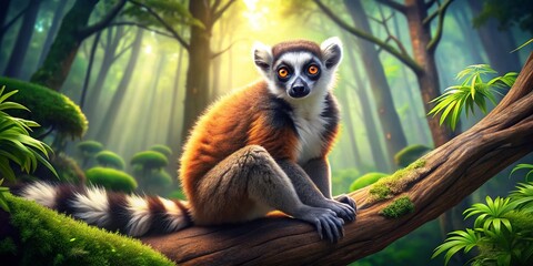 Fototapeta premium Adorable Fluffy Lemur Resting on a Tree Branch - Cute Wildlife Stock Photo