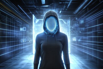 Hooded figure in a futuristic setting, surrounded by cybersecurity elements and digital visuals