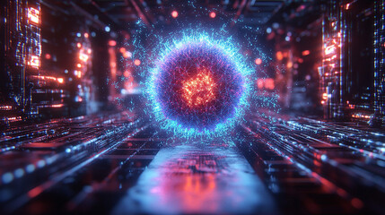  A red and orange sphere with blue energy is set in a glowing, futuristic corridor