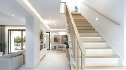 Fototapeta premium Modern, open-plan living space accessed by a staircase with light wood railings.