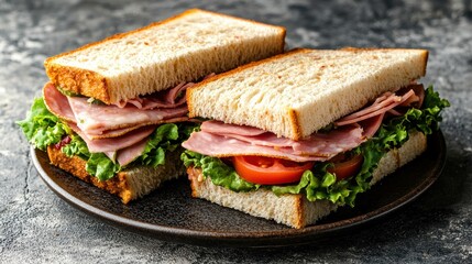 Sandwich with layers of meat and lettuce on a wooden cutting board with a knife and plate