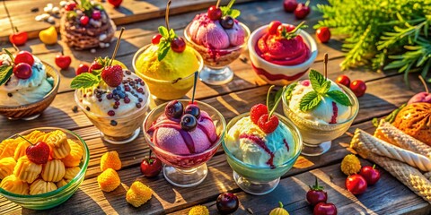 Fototapeta premium Aerial View of Colorful Ice Cream Sundaes with Whipped Cream and Cherries - Summer Dessert