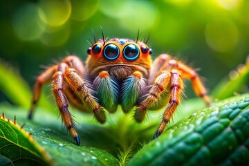 Fototapeta premium Adorable Kawaii Jumping Spider Leaping, Aerial Drone Shot, Vivid Colors, Nature Photography