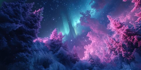 Fototapeta premium Purple Blue Sky Stars Trees