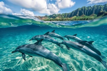 Fototapeta premium A lone swan gracefully swims in a peaceful, still lake surrounded by lush greenery and dappled sunlight, A graceful pod of dolphins playing in the crystal-clear waters of the ocean