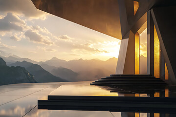 Modern Architectural Wonder with Mountain Sunset View