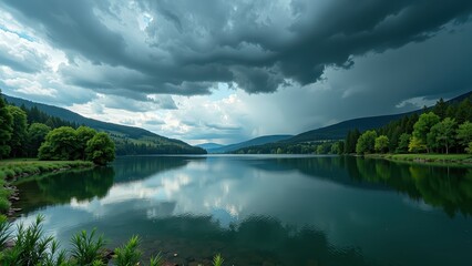 Fototapeta premium Wide-angle panorama captures an expansive dark green lake reflecting vibrant skies and fluffy clouds, merging horizon with heavens in serene harmony