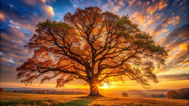Majestic Oak Tree Silhouetted Against a Vibrant Sunset Sky in a Serene Meadow - Powered by Adobe
