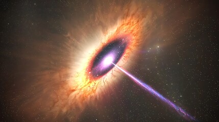 Active galactic nucleus, jet emission, space, cosmic, background stars, science illustration, astronomy