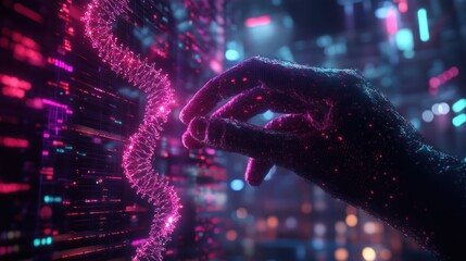 Hand interacting with glowing digital data stream.