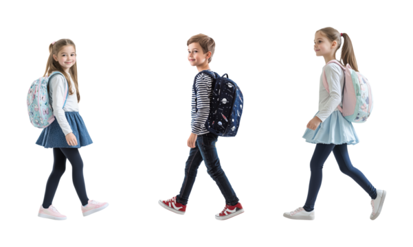 Three School Children Walking with Backpacks, Isolated on Transparent and White Background