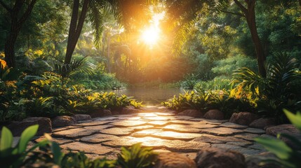 Golden sunlight filters through a lush tropical forest illuminating a stone path and a calm pond reflecting the vibrant scene
