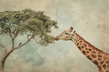 A giraffe reaches its long neck up to grab leaves from a tree with a blue sky and white clouds in the background, A giraffe gracefully reaching for leaves on a towering tree with a whimsical twist