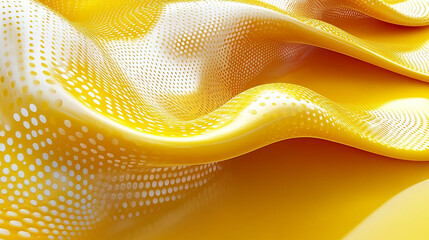 A Abstract yellow and white fabric is textured with a perforated dot pattern, creating a wave-like, flowing effect.