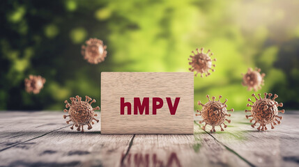 "hMPV" text on wooden block and virus circles around