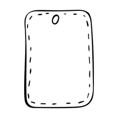 Small tag with decorative stitching around the contour for important information. Tag for gift bag, suitcase, bag, keys. Hand drawing. Black line doodle vector illustration. Isolated on white back.