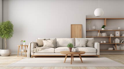 Fototapeta premium Minimalist living room featuring white walls, a cozy sofa, wooden coffee table, and plants, illuminated by natural light, creating a warm and inviting atmosphere.