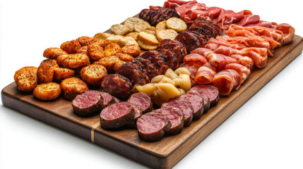 Obraz premium Board with cold cuts, cookies and crackers on an isolated background. Top view.