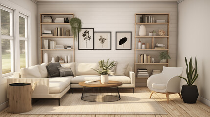 Obraz premium Minimalist living room featuring white walls, a cozy sofa, wooden coffee table, and plants, illuminated by natural light, creating a warm and inviting atmosphere.