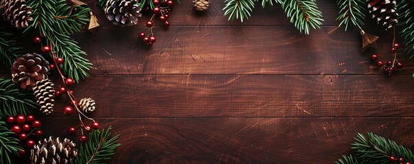 A wooden background with a bunch of pine cones and berries