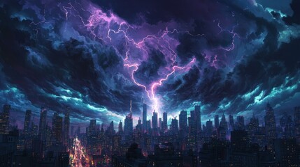 Fototapeta premium Dramatic lightning storm over a cityscape at night.