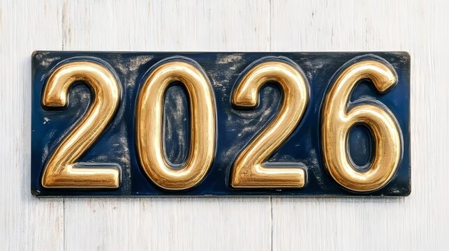 Golden Numbers 2026 Plaque On A Rustic White Background, Concept For New Year, Future