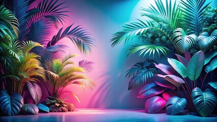 Vibrant tropical foliage illuminated with neon pink and blue lighting, creating a striking contrast against a smooth backdrop