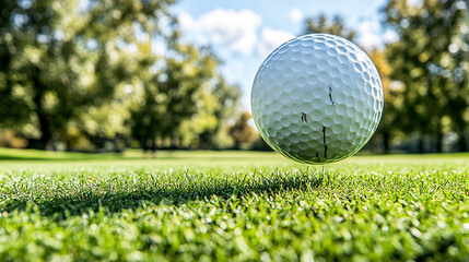 A golf ball hovers above a bright green, manicured lawn