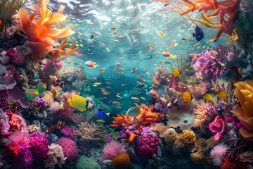 Fototapeta premium A surreal underwater scene with vibrant coral reefs and diverse fish species, A surreal underwater world with colorful fish and coral reefs