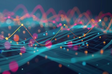 An abstract visual depiction of supply and demand curves, represented by colorful lines and dots on a dark blue background, An abstract representation of supply and demand curves intersecting