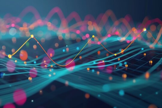 An abstract visual depiction of supply and demand curves, represented by colorful lines and dots on a dark blue background, An abstract representation of supply and demand curves intersecting