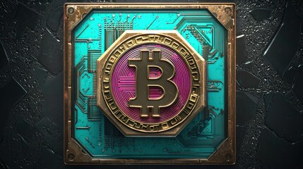 A bronze Bitcoin logo placed in a teal and magenta circuit board square on a jet-black background