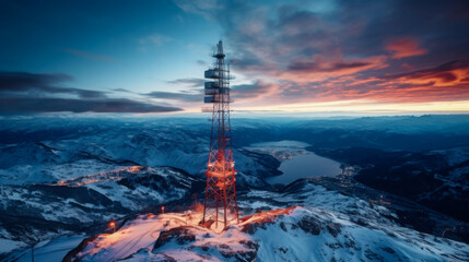 Snowy mountain landscape at twilight featuring a communication tower amidst a spectacular sunset sky