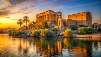Fototapeta premium Egyptian temple at sunset over the Nile River in Aswan, near Philae Temple complex, with warm golden light casting a mystical glow , temples, ancient architecture