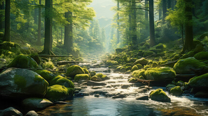Obraz premium Sunlight filters through dense trees illuminating a serene stream flowing over smooth stones in a lush forest setting during early morning hours