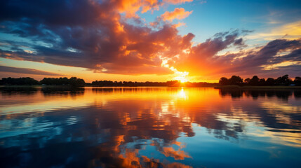 Obraz premium Vibrant sunset reflecting on calm waters in a serene landscape