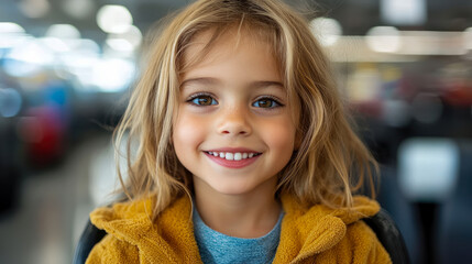 Portrait of a smiling girl with blonde hair wearing a mustard yellow jacket