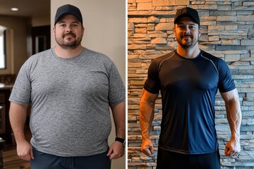 Weight loss transformation of a man showing muscular change from overweight to fit physique..
