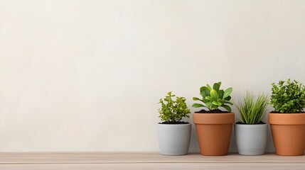 Fototapeta premium Fresh Potted Plants on Wooden Surface