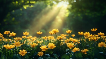 Obraz premium Sunlight streams through trees illuminating a field of yellow flowers creating a serene and peaceful natural setting