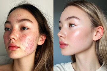 Before-and-after skincare journey revealing acne to flawless, glowing skin with smooth texture..