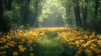 Obraz premium A path through a dense forest leads to a field filled with yellow flowers bathed in the warm glow of sunlight