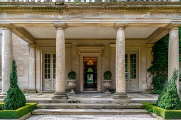 Obraz premium A stately stone portico with a pediment frames the entrance to a historic mansion, A pedimented portico framing the main entrance