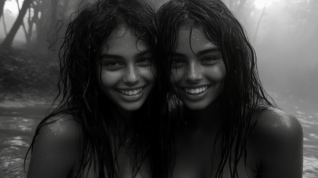 Twin Sisters Smiling, Wet Hair, Black and White Portrait in a Misty Forest Setting - Powered by Adobe