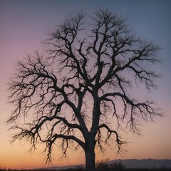 Fototapeta premium An artistic silhouette of a bare white tree against a pastel sunset.
