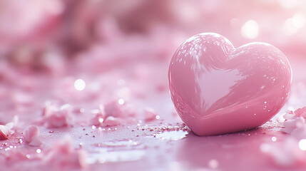 A glossy pink heart rests among delicate rose petals