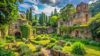 Fototapeta premium Roman ruins and overgrown vegetation in the gardens of Ninfa Latina Italy, italy, overgrown garden