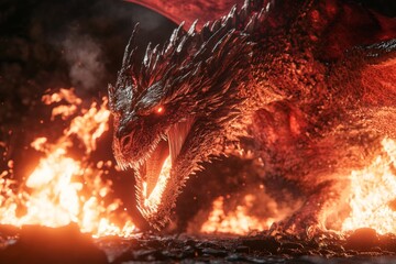 A majestic fire breathing dragon thrives amidst smoke and embers in a dark fantasy setting