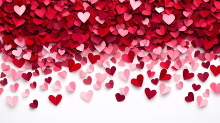 Romantic valentine&rsquo;s day background with red and pink paper hearts arranged on a white surface, featuring a minimalist flat lay design for celebration, greeting cards, and love-themed decorations


