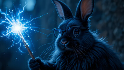 Magical Black-Haired Rabbit with Glasses and Wand: Blue Light Fantasy Vibe